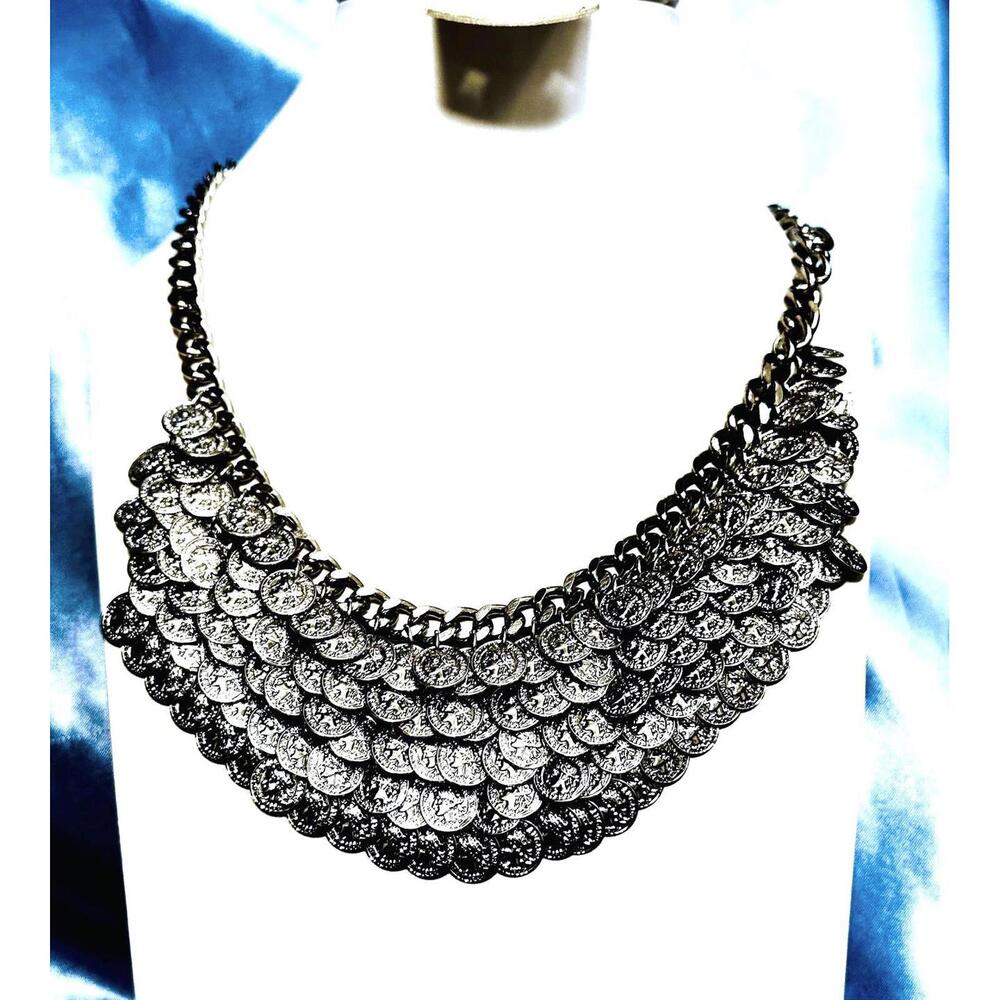 Silver Tone 5 Layer Link Coin Style Bib Necklace